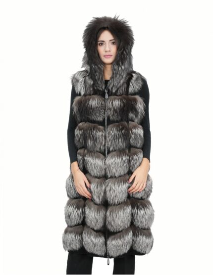 Gilet lungo in pelliccia di volpe argentata 48 con cappuccio e pelle scamosciata 112 centimetri
