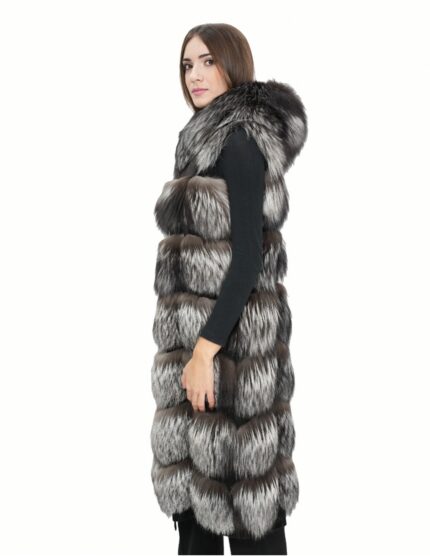 Gilet lungo in pelliccia di volpe argentata 52 con cappuccio e pelle scamosciata 112 centimetri