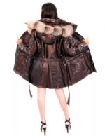 45 Shiny dark brown jacket down jacket with detachable fox bordered hood and patent leather inserts - Image 5