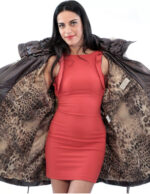 45 Shiny dark brown jacket down jacket with detachable fox bordered hood and patent leather inserts - Image 2