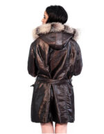 45 Shiny dark brown jacket down jacket with detachable fox bordered hood and patent leather inserts - Image 4