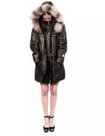 45 Shiny dark brown jacket down jacket with detachable fox bordered hood and patent leather inserts - Image 3