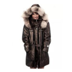 45 Shiny dark brown jacket down jacket with detachable fox bordered hood and patent leather inserts