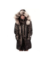 45 Shiny dark brown jacket down jacket with detachable fox bordered hood and patent leather inserts