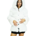 Cappotto in volpe bianco 48 orizzonatale con cappuccio e maniche lunghe