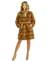 Mink fur coat gold 50 long 90cm with fur lined hood long sleeves fur belt - Image 4