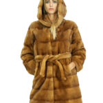 Mink fur coat gold 50 long 90cm with fur lined hood long sleeves fur belt