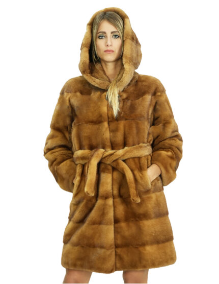 Cappotto pelliccia visone gold 50 lungo 90 centimetri con cappuccio foderato in pelliccia maniche lunga cinta pelliccia