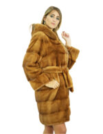 Mink fur coat gold 50 long 90cm with fur lined hood long sleeves fur belt - Image 3