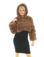 Brown fox fur short jacket 44 long sleeve hood closure hooks