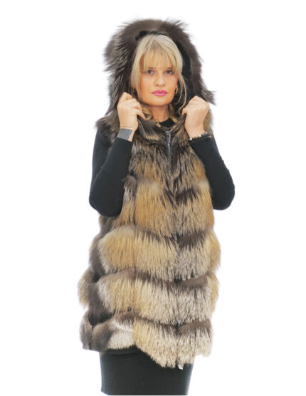 Smanicato gilet pelliccia volpe 46 gold cross lavorazione V con cappuccio e pelle scamosciata chiusura zip
