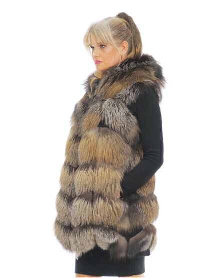 Smanicato gilet pelliccia volpe 46 gold cross lavorazione V con cappuccio e pelle scamosciata chiusura zip