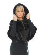Poncho in pelliccia di visone 44 mogano pelle intera cappuccio chiusura zip corto