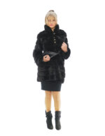 Cappotto visone orizzontale nero 42 lungo 88cm manica lunga cintura in pelle