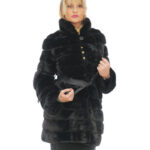 Black 42 Horizontal Mink Coat 88cm Long Sleeve Leather Belt