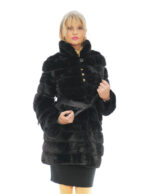 Cappotto visone orizzontale nero 42 lungo 88cm manica lunga cintura in pelle