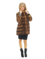 Mantel 82 cm gold Farbverlauf schwarz 48 horizontale Nerz Kapuze lange Ärmel Verschlusshaken – Bild 4