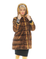 Mantel 82 cm gold Farbverlauf schwarz 48 horizontale Nerz Kapuze lange Ärmel Verschlusshaken