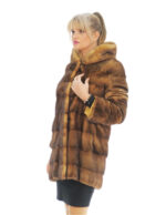 Mantel 82 cm gold Farbverlauf schwarz 48 horizontale Nerz Kapuze lange Ärmel Verschlusshaken – Bild 2