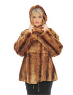 54 rex fur jacket with piping collar and removable brown hood long sleeves external pockets