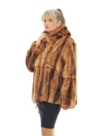 54 rex fur jacket with piping collar and removable brown hood long sleeves external pockets - Image 2