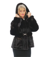 Mahogany 48 fur mink jacket with hood and belt with elastic waistband very long sleeves with cuff