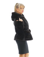 Mahogany 48 fur mink jacket with hood and belt with elastic waistband very long sleeves with cuff - Image 3