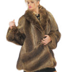 Very voluminous brown 56 marmot fur coat with shawl collar and decorative button