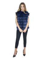 Smanicato corto 46 in pelliccia di volpe blu acceso senza collo chiusura ganci e pelle trasporto nero