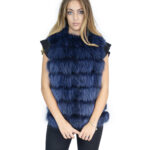 Short Vest 46 in Bright Blue Fox Fur Collarless Closure Hooks and Leather Black Carry