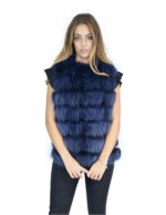 Smanicato corto 46 in pelliccia di volpe blu acceso senza collo chiusura ganci e pelle trasporto nero