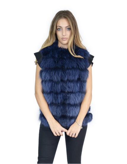 Smanicato corto 46 in pelliccia di volpe blu acceso senza collo chiusura ganci e pelle trasporto nero