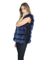 Smanicato corto 46 in pelliccia di volpe blu acceso senza collo chiusura ganci e pelle trasporto nero