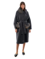 Anthracite grey cashmere and wool coat 46 collar and pockets with detachable fox fur 116cm long - Image 4