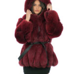 Full-skin 44 red fox fur coat jacket with leather long sleeve and hood
