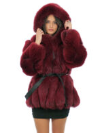 Vollfelljacke 44 aus rotem Fuchspelz mit langärmeligem Leder und Kapuze