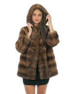 Second life horizontal mink jacket demi 48 long sleeve hood external pockets closure hooks