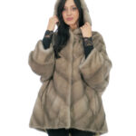 Mink cape V-shaped whole skins 48-56 blue iris three-quarter sleeve fur-lined hood