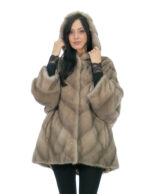 Mink cape V-shaped whole skins 48-56 blue iris three-quarter sleeve fur-lined hood