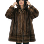 Mink fur jacket demi 54 vertical model with horizontal bands cuffs and hood bottom