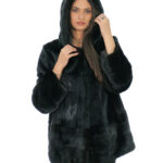 Giacca in pelliccia di visone mogano 56 modello verticale con fasce orizzontali polsi e fondo cappuccio