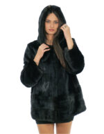 Vertical model mahogany mink fur jacket 56 with horizontal bands on cuffs and hood bottom