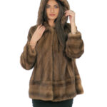 Mink fur coat demi 50 vertical model with horizontal bands cuffs and hood bottom