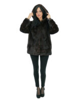 Vertical model mahogany mink fur coat 50 with horizontal bands on cuffs and hood bottom - Image 4