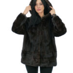 Vertical model mahogany mink fur coat 50 with horizontal bands on cuffs and hood bottom