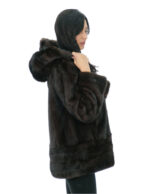 Vertical model mahogany mink fur coat 50 with horizontal bands on cuffs and hood bottom - Image 2