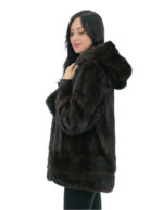Vertical model mahogany mink fur coat 50 with horizontal bands on cuffs and hood bottom - Image 3