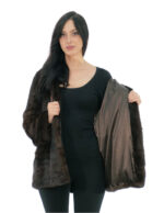 Vertical model mahogany mink fur coat 50 with horizontal bands on cuffs and hood bottom - Image 6