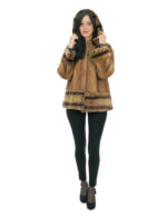 Mink fur coat with cuff trim and bottom rex 44 gold fur-lined hood external pockets - Image 4