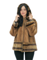 Mink fur coat with cuff trim and bottom rex 44 gold fur-lined hood external pockets